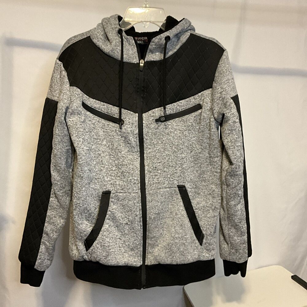 Retro Stitch Gray and Black Hoodie With Black Sherpa Lining